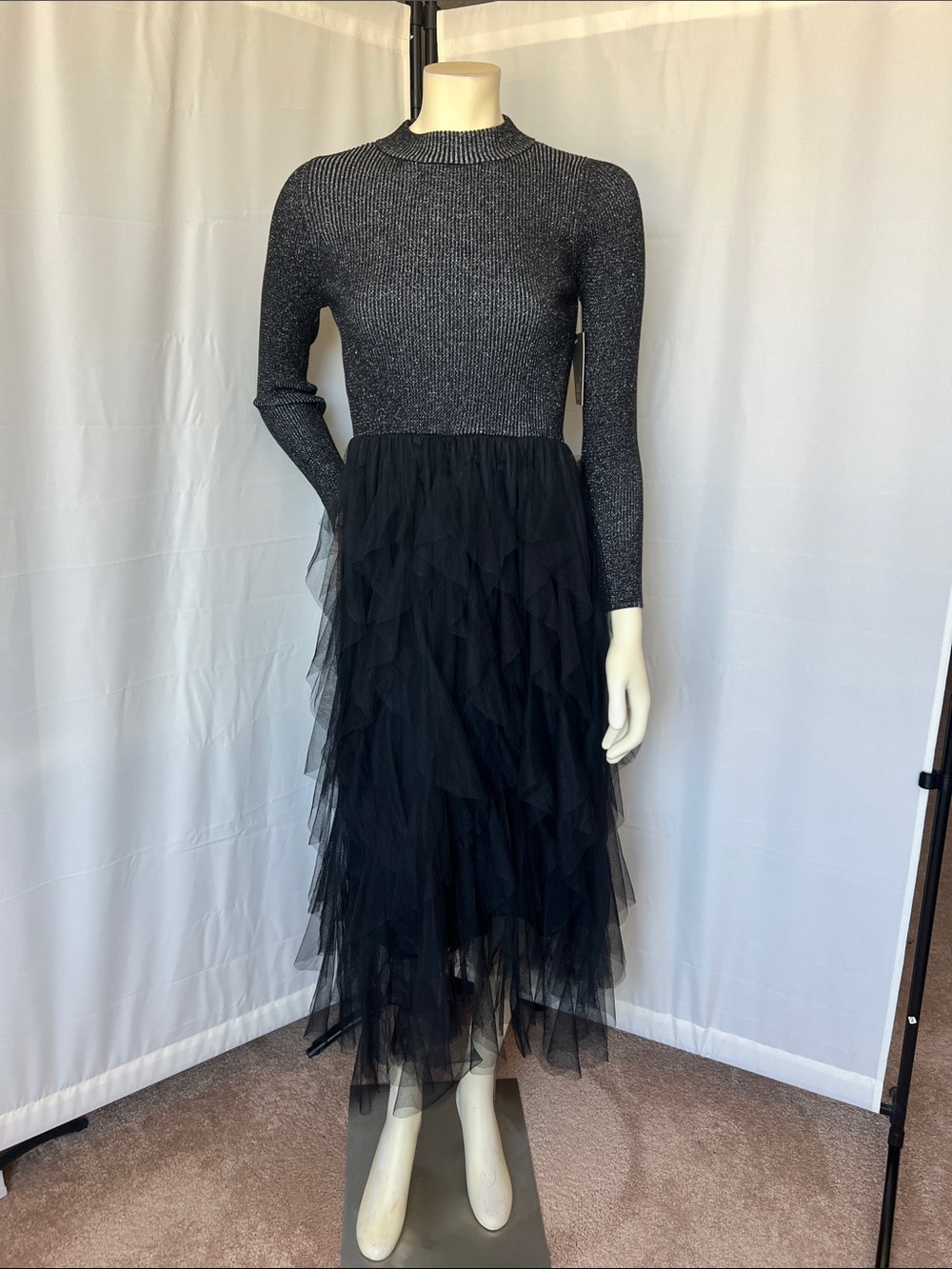 NWT Lark + Grey Dress with Sparkle Knit Top with Black Tiered Tulle Skirt